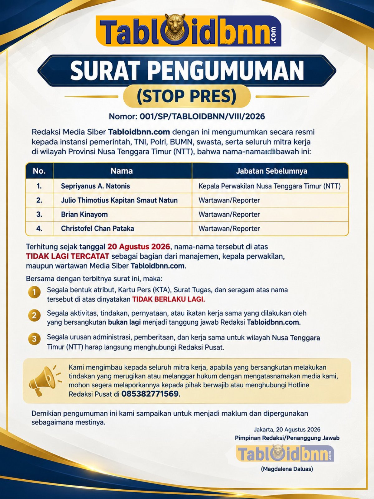 SURAT PENGUMUMAN (STOP PRES)